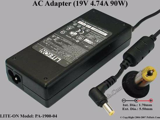 LITE-ON PA-1900-04 AC Adapter- Laptop 19V 4.74A, 5.5/1.7mm, 3-Prong LITE-ON PA-1900-04 AC Adapter- Laptop 19V 4.74A, 5.5/1.7mm, 3-Prong