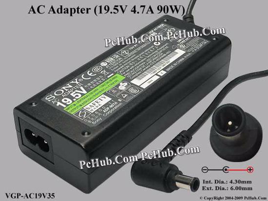 Sony Vaio Parts AC Adapter- Laptop 19.5V 4.7A, 6.0/4.3mm With Pin, 2-Prong Sony Vaio Parts AC Adapter- Laptop 19.5V 4.7A, 6.0/4.3mm With Pin, 2-Prong