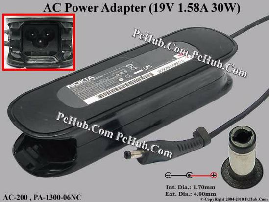 Nokia Booklet 3G AC Adapter- Laptop 19V 1.58A, Barrel 4.0/1.7mm, 3-Prong, New Nokia Booklet 3G AC Adapter- Laptop 19V 1.58A, Barrel 4.0/1.7mm, 3-Prong, New