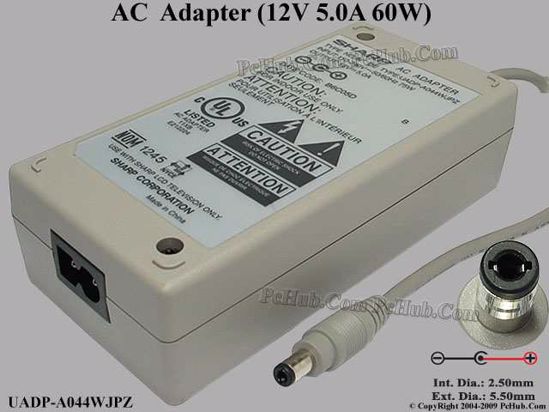 Sharp UADP-A044WJPZ AC Adapter 5V-12V 12V 5A, 5.5/2.5mm, 2-Prong, White Sharp UADP-A044WJPZ AC Adapter 5V-12V 12V 5A, 5.5/2.5mm, 2-Prong, White